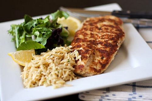 Chicken Milanese with Spring Greens & Orzo