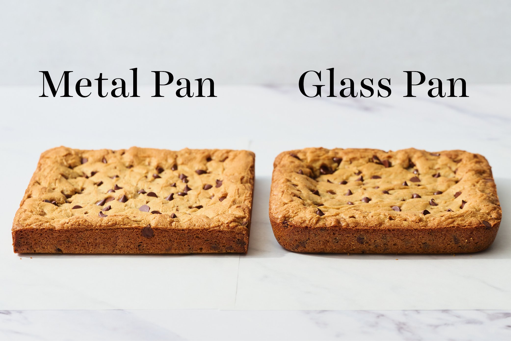 overhead of unsliced blondies baked in a metal pan vs. a glass pan.