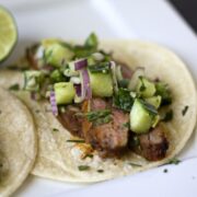 Chili-Rubbed Steak Tacos & Cucumber-Avocado Salsa