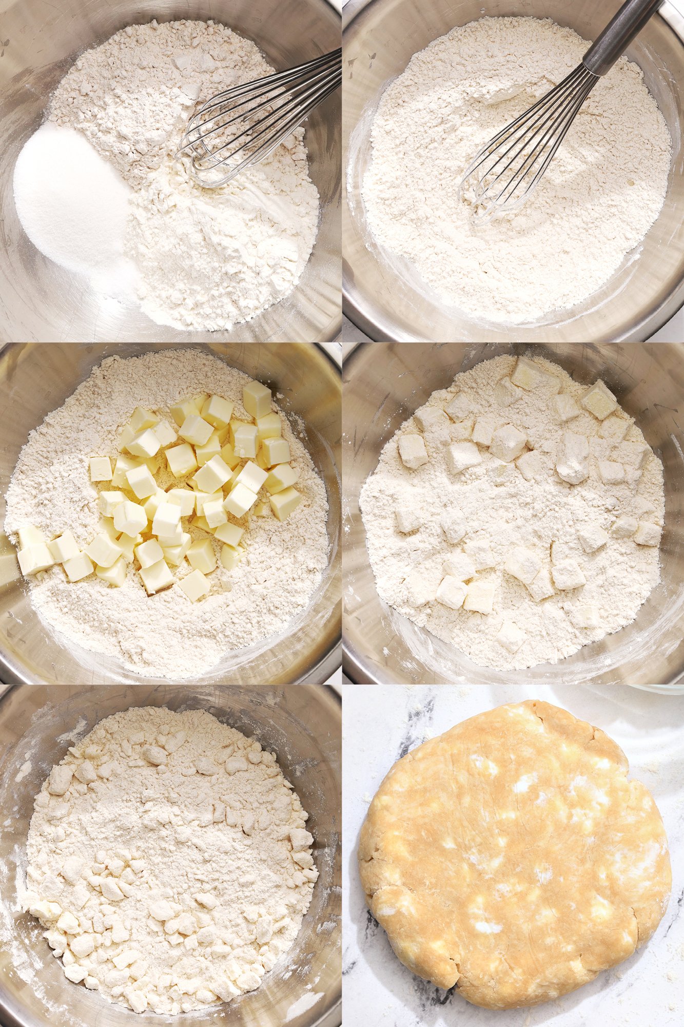 process shots showing how to form pie dough for a homemade galette