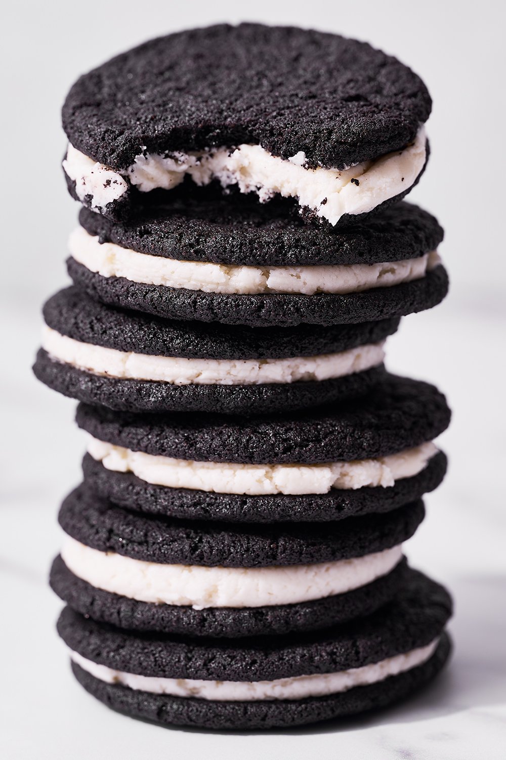 stack of homemade oreo sandwich cookies.