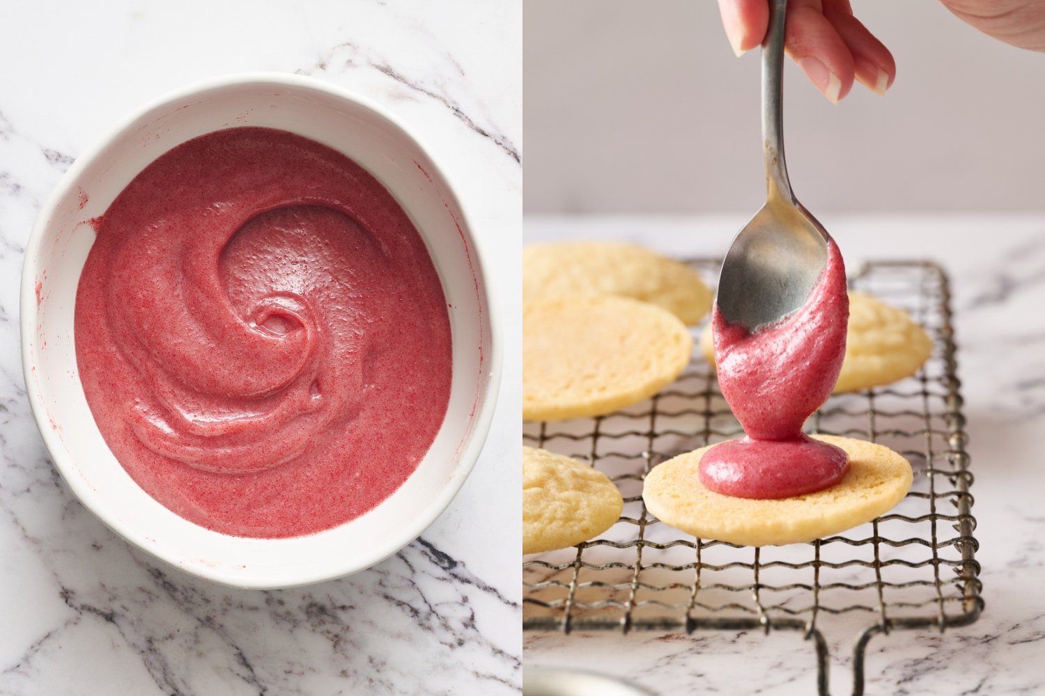 a bowl of raspberry ganache filling, next to a cookie being filled with the filling.