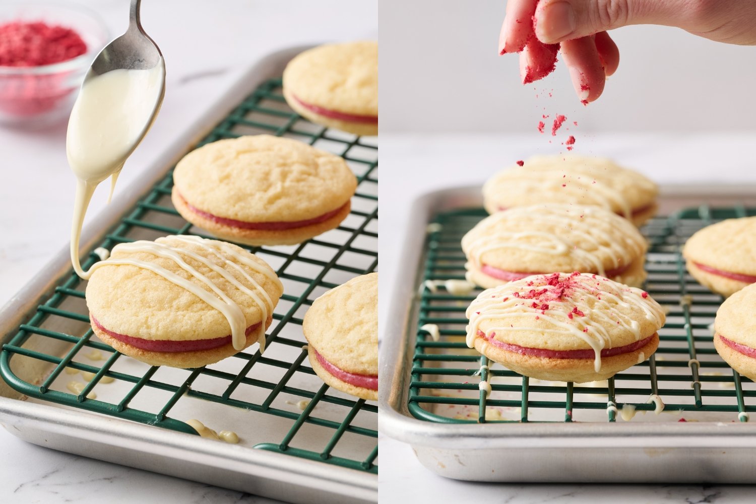 two side-by-side images of sandwich cookies, one side being drizzled with melted white chocolate, and the other side being topped with crushed freeze-dried raspberries.