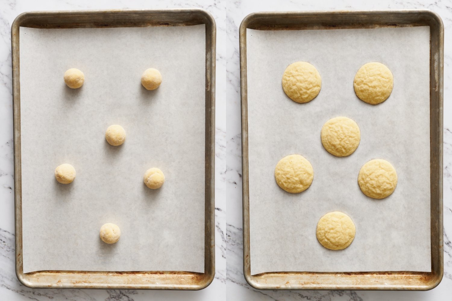 two trays of sugar cookies, before and after baking.