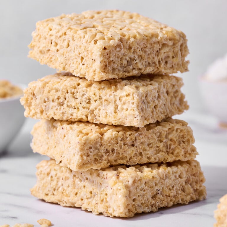 stack of homemade brown butter rice crispy treats