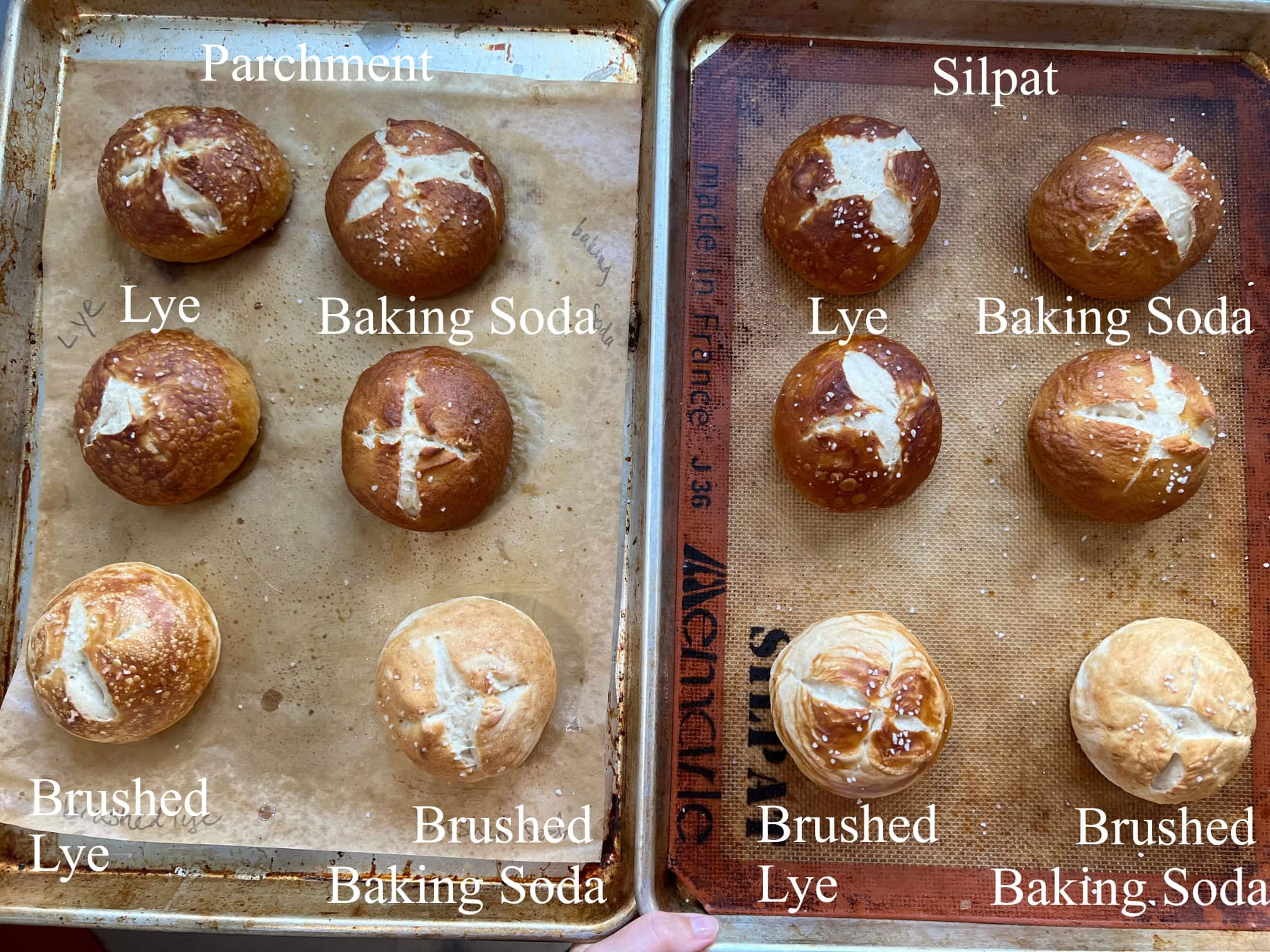 testing baking soda vs. lye and parchment paper vs. silicone baking mats for pretzel buns