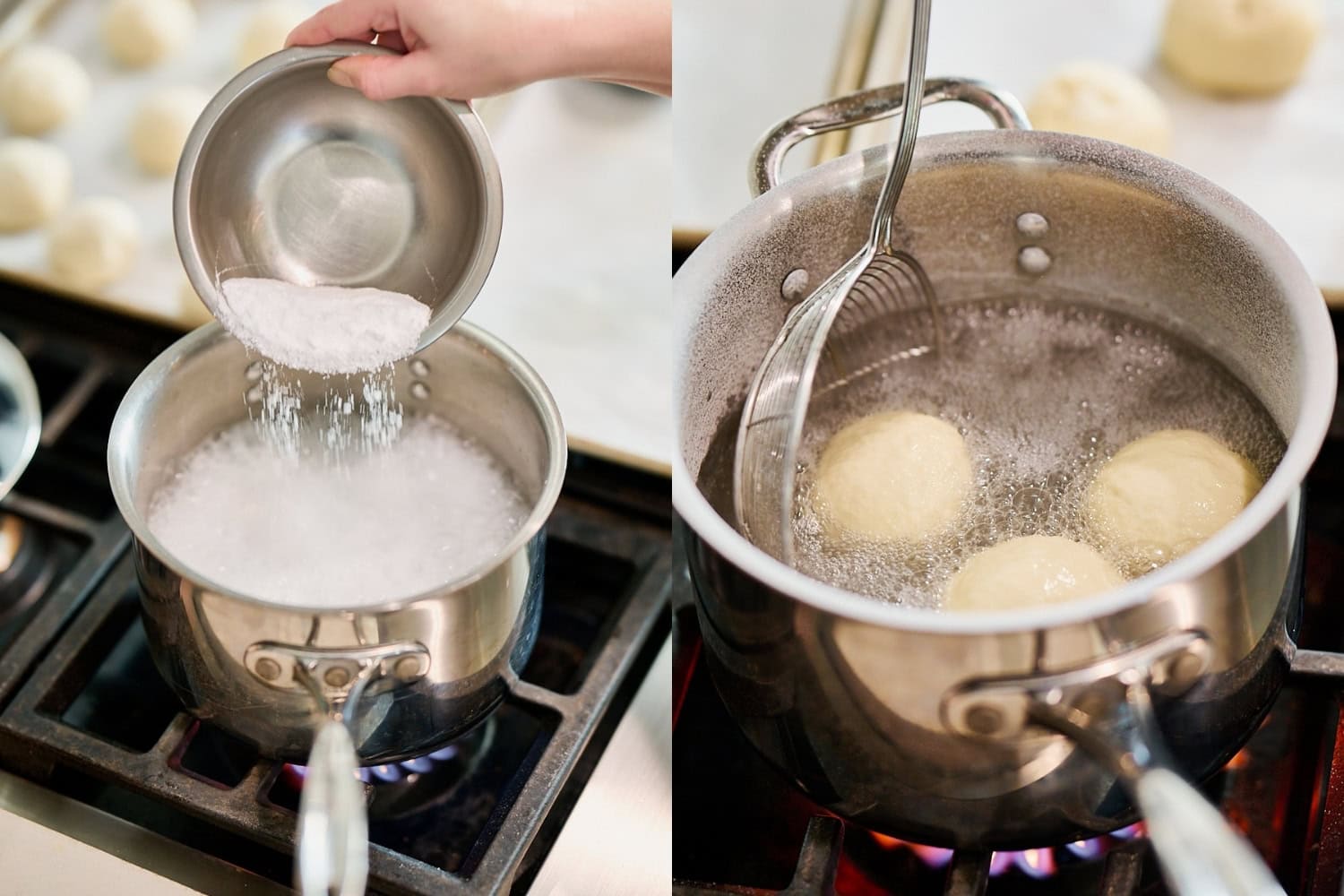 preparing a baking soda bath for pretzel buns