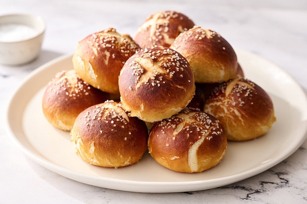 a stack of pretzel buns on a white plate
