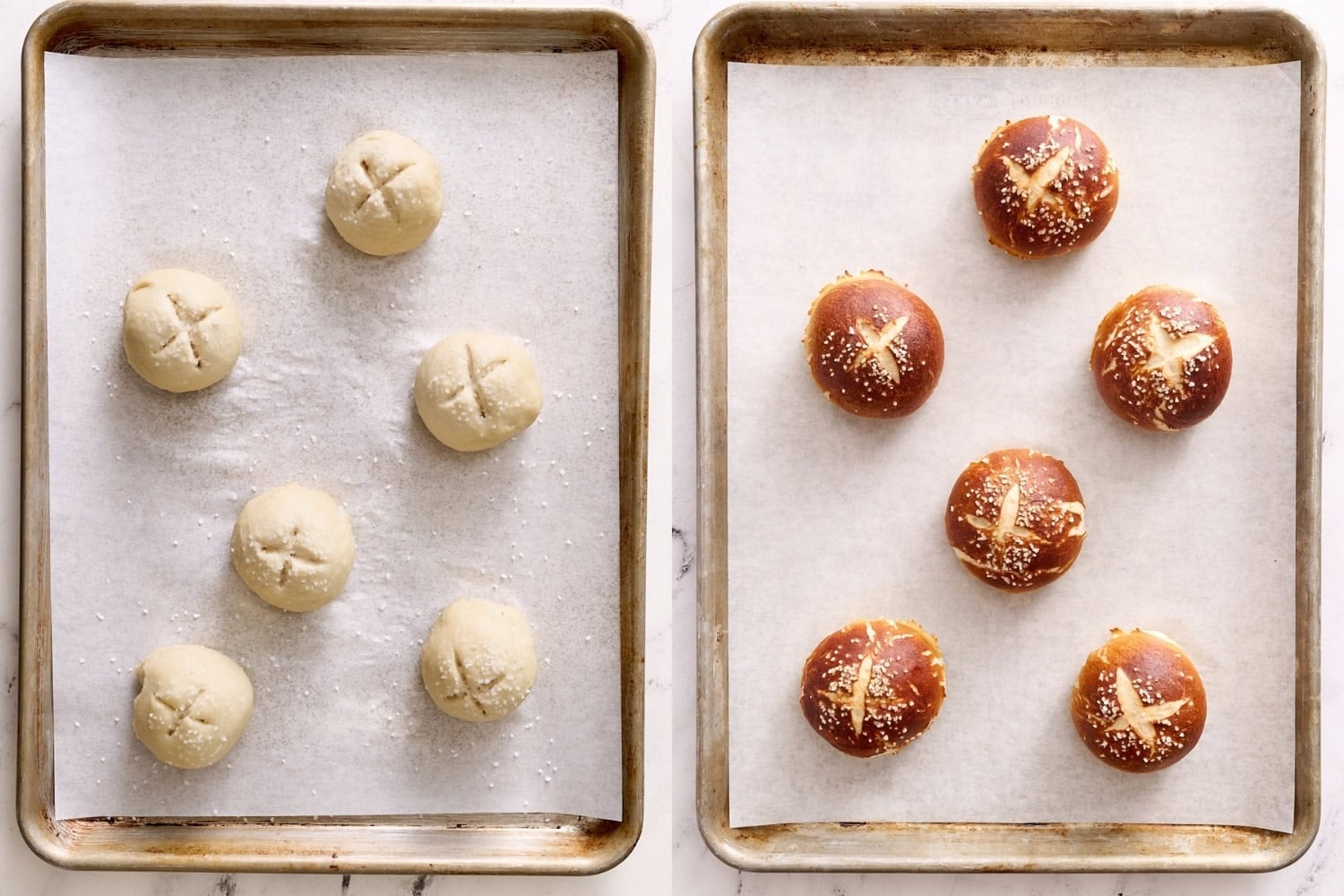 pretzel dough before baking; golden brown pretzel buns after baking