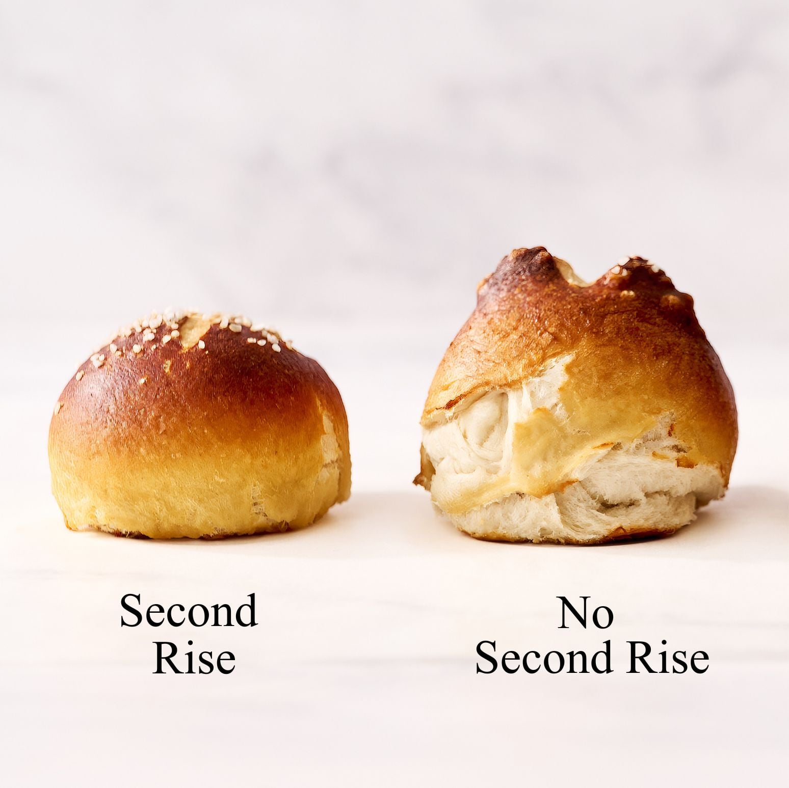 one pretzel bun on the left, well shaped with a second rise compared to a pretzel bun on the right, exploded shape and no second rise