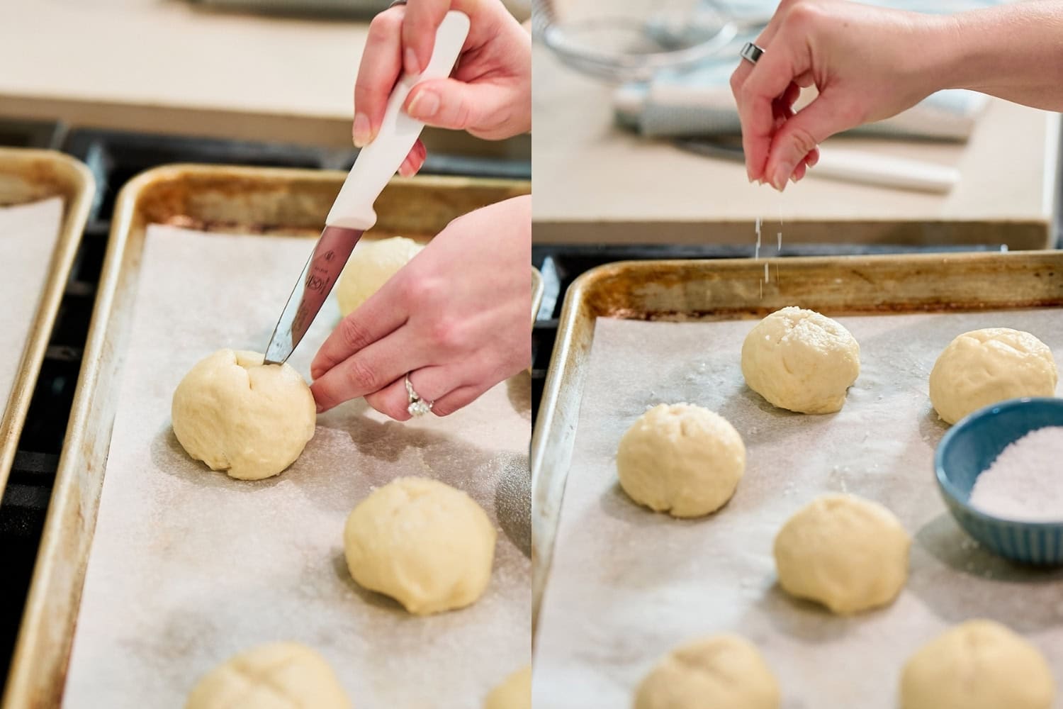 scoring pretzel buns with an X shape and sprinkling and pretzel salt before baking
