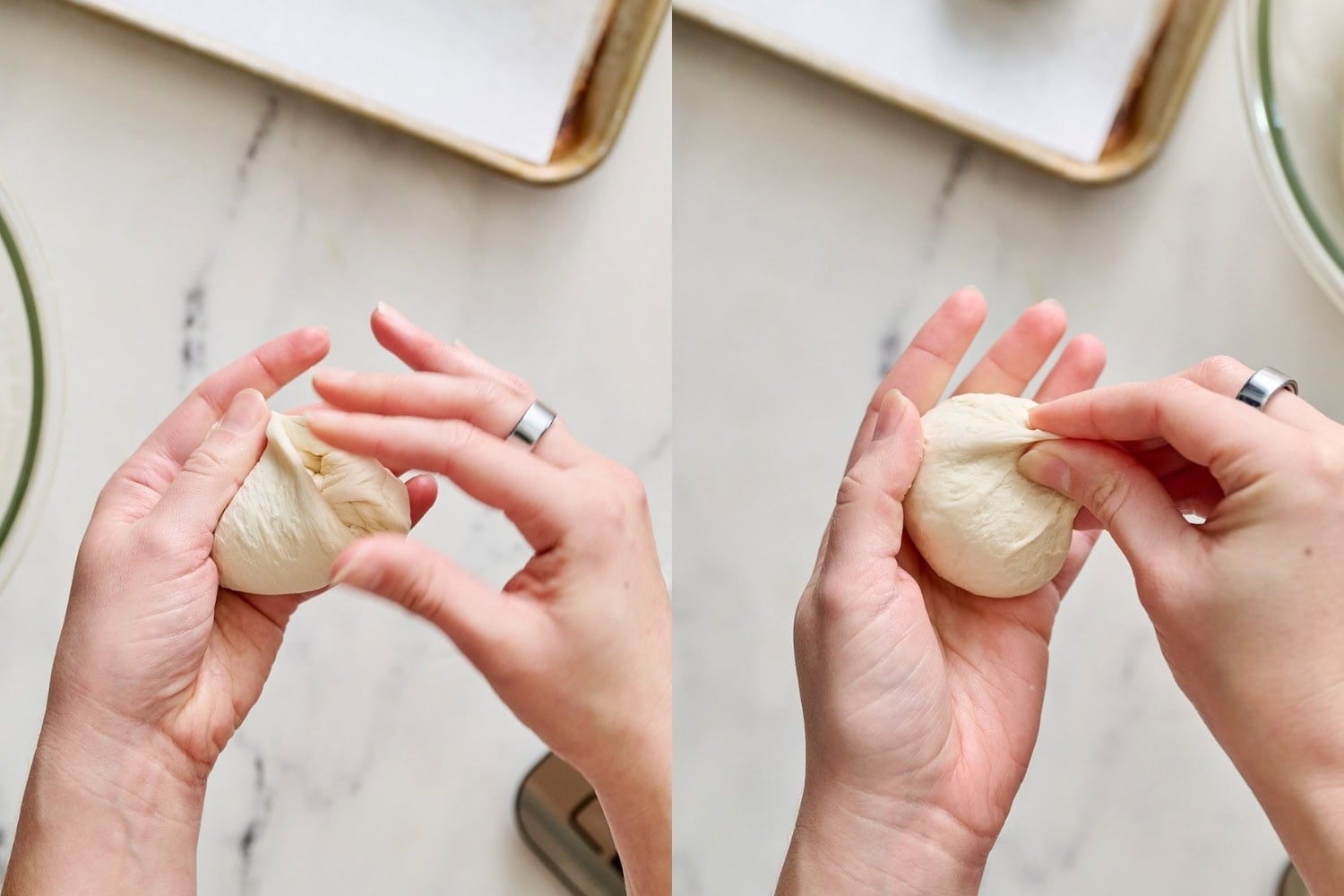 shaping dough into tight balls for pretzel rolls