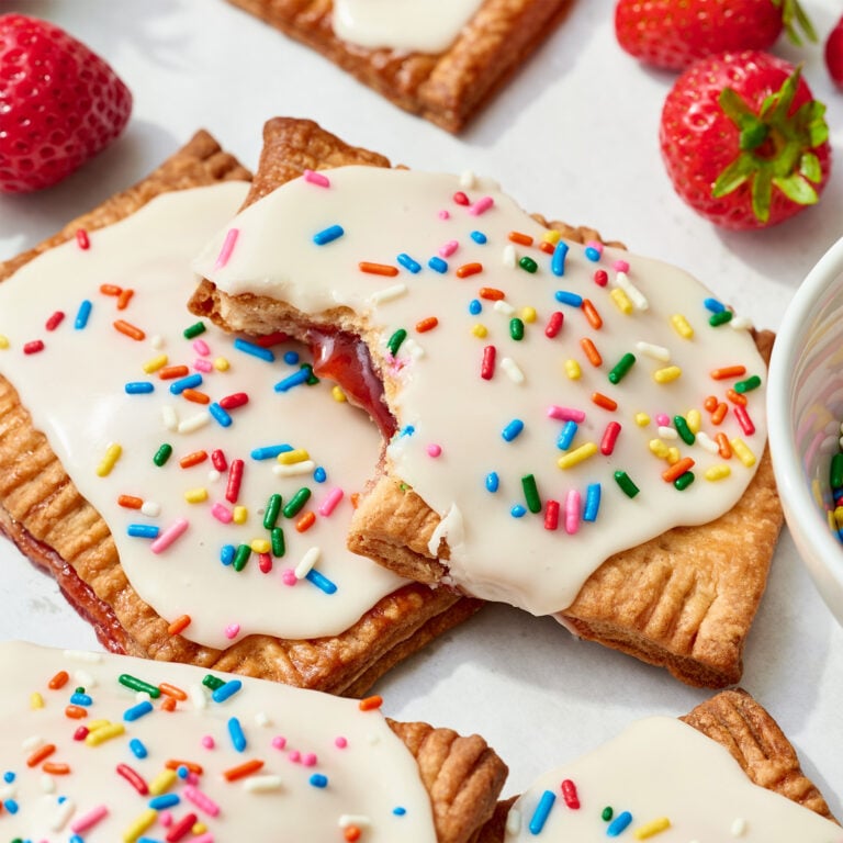 homemade strawberry pop tarts with strawberry filling, vanilla icing, and sprinkles