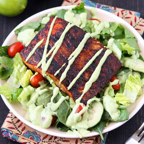 Blackened Salmon Salad with Avocado Ranch Dressing from HandletheHeat.com
