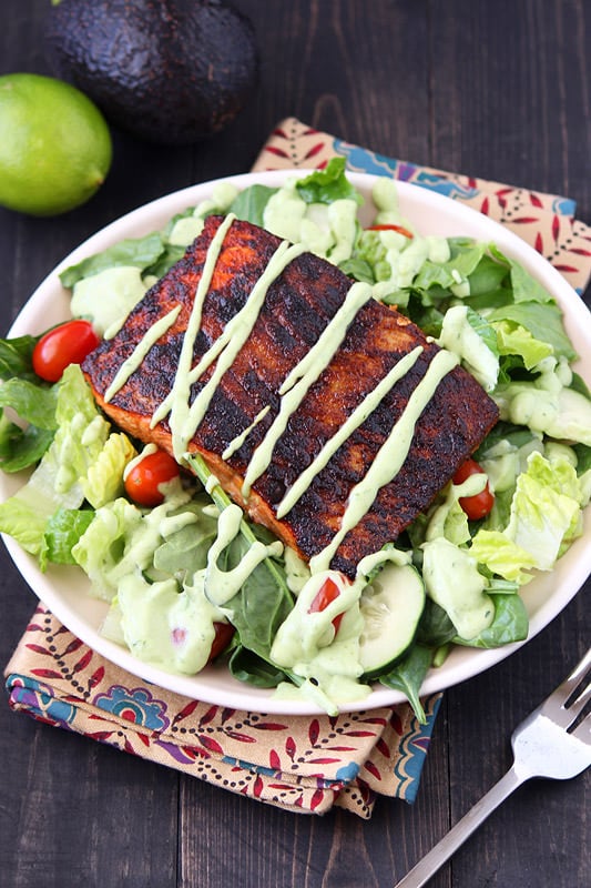 Blackened Salmon Salad with Avocado Ranch Dressing from HandletheHeat.com