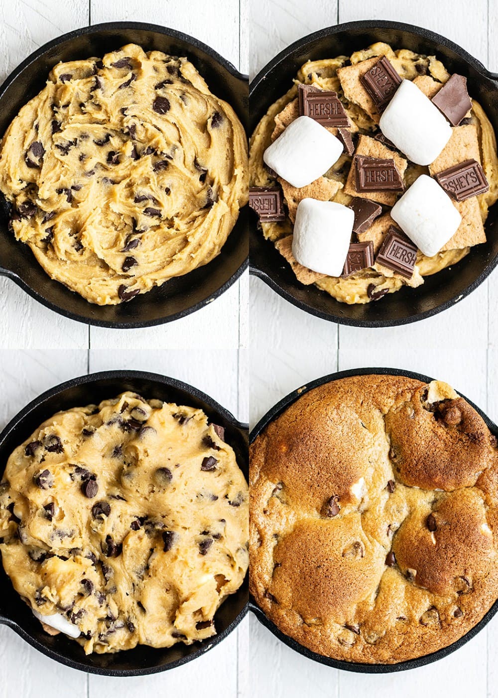 s'mores pizookie collage photos showing the process and how it looks once baked