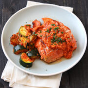 Grilled Salmon and Zucchini with Red Pepper Sauce from HandletheHeat.com
