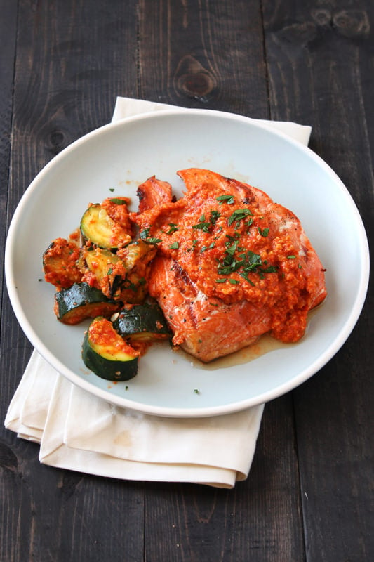 Grilled Salmon and Zucchini with Red Pepper Sauce from HandletheHeat.com