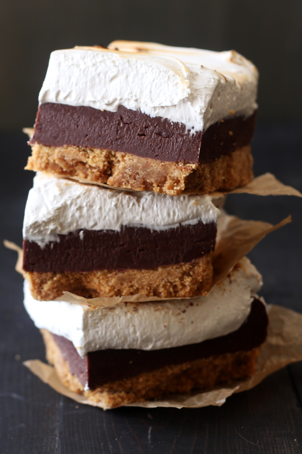 beautiful stack of S'mores Fudge Bars, stacked three high
