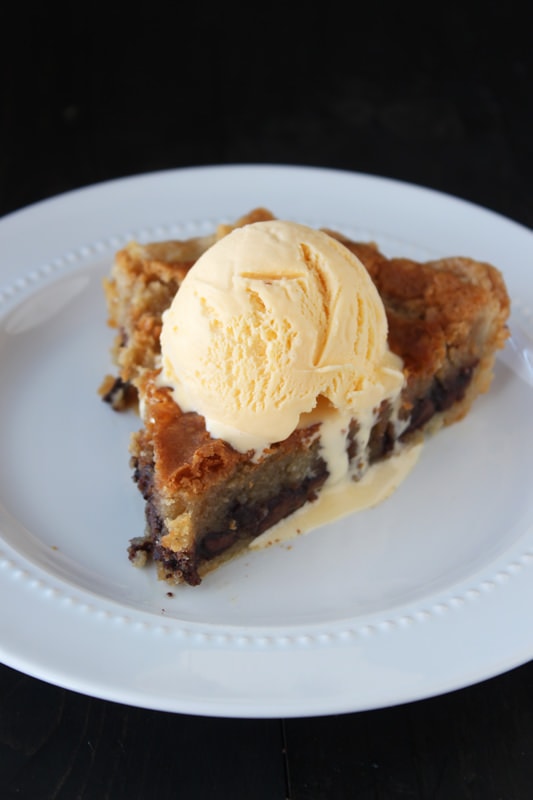 Chocolate Chip Cookie Pie is warm, gooey, and best served with ice cream!