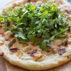 The BEST White Pizza with bacon and arugula!