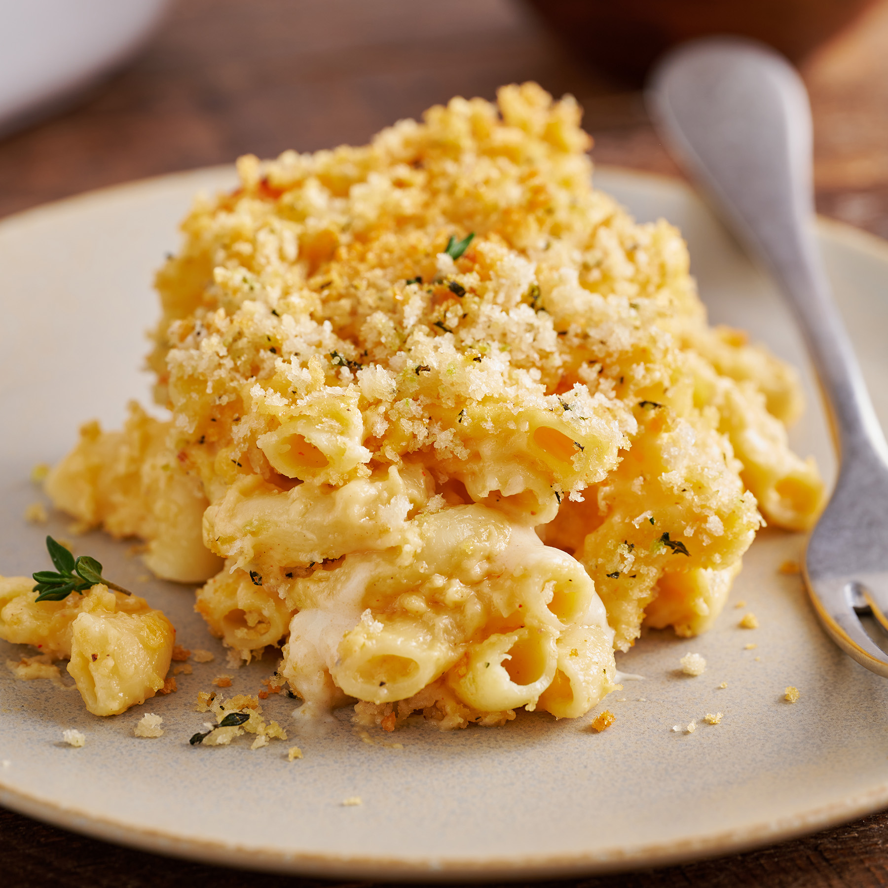 homemade baked macaroni and cheese with creamy cheese sauce and panko breadcrumb topping