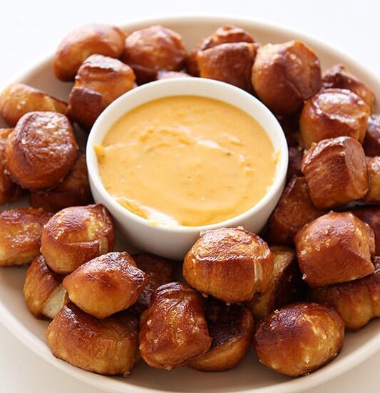Homemade Soft Pretzel Bites with Cheese Sauce (video) from handletheheat.com