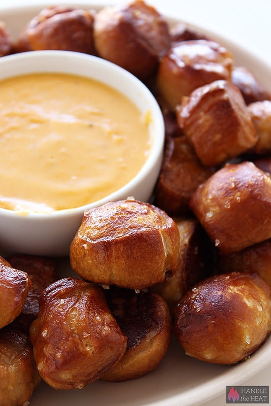 Homemade Soft Pretzel Bites with Cheese Sauce (video) from handletheheat.com