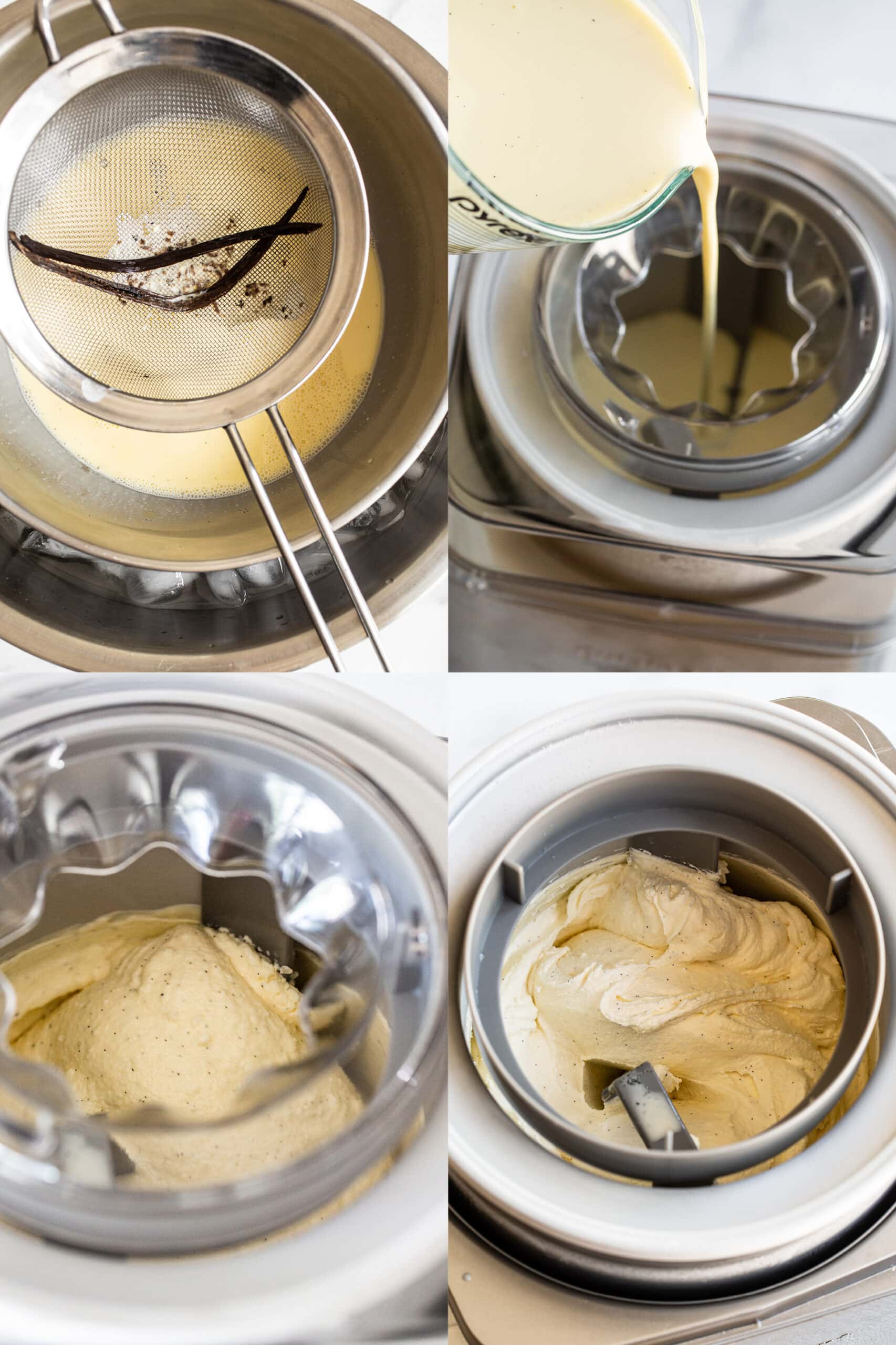 collage of photos through the cooling and churning process 