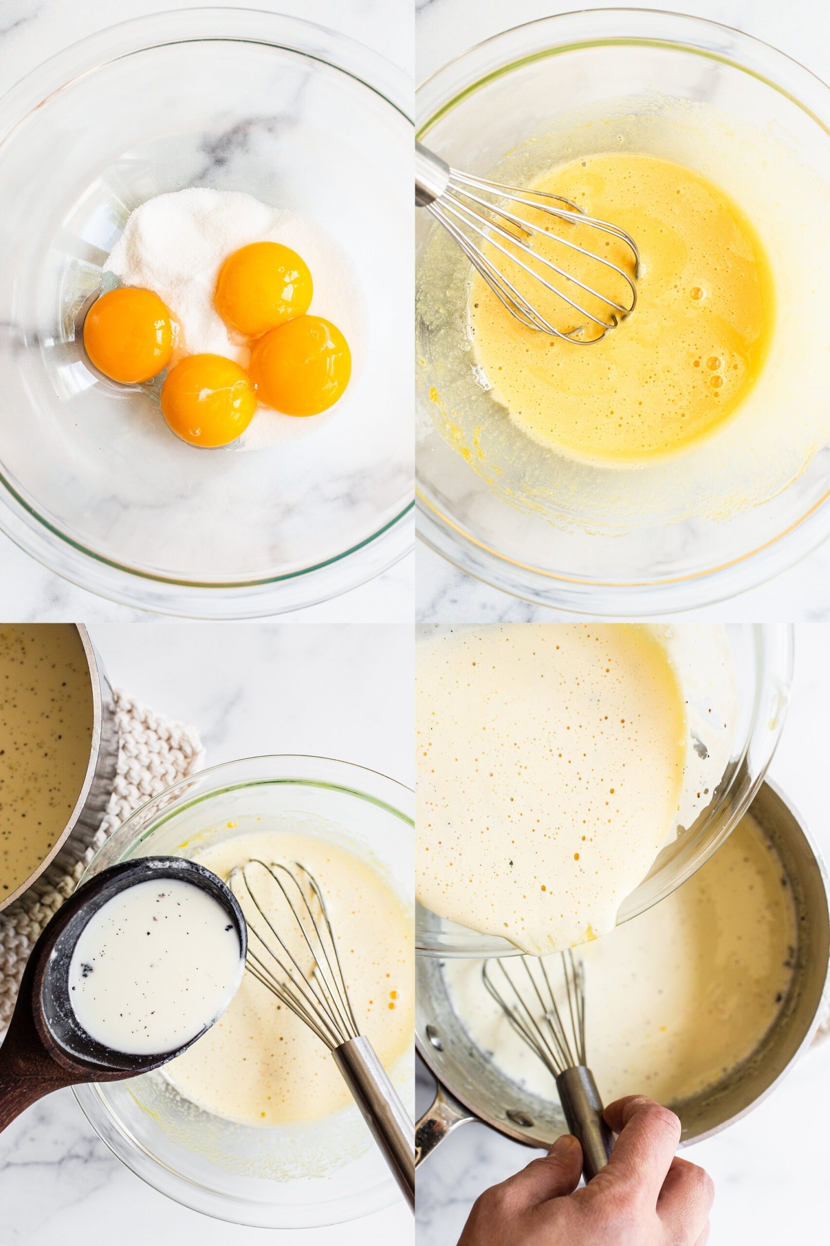 collage of photos showing how to temper eggs when making French-style homemade ice cream.