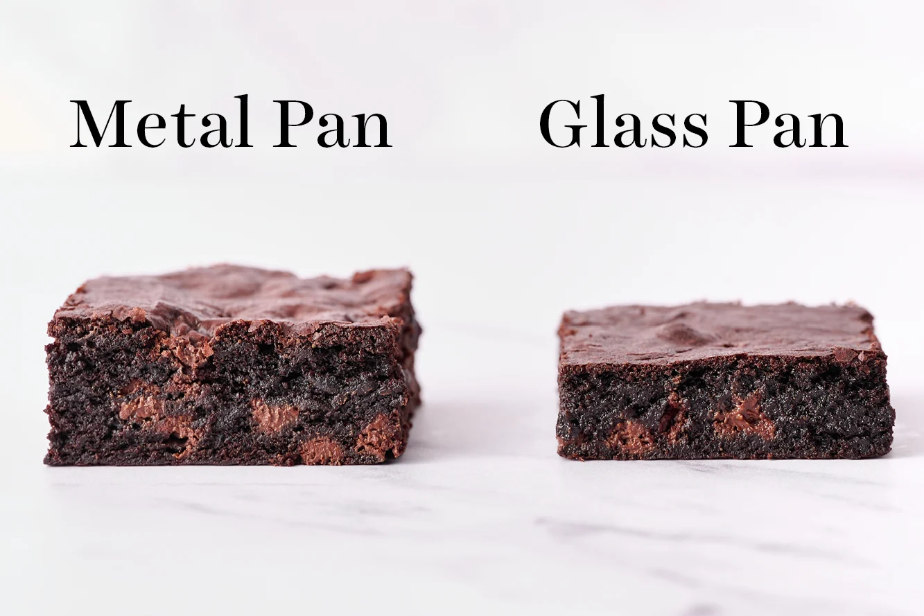 comparison in height and texture differences of brownies baked in a metal pan vs. a glass pan