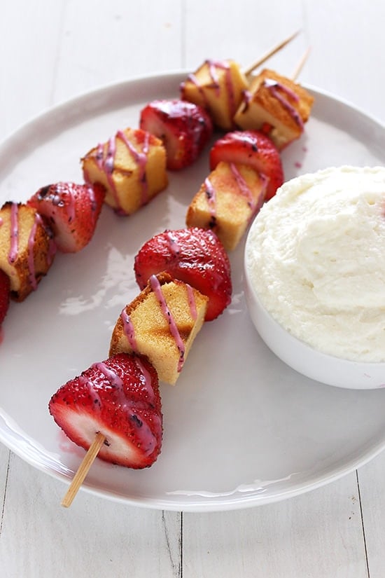 Grilled Strawberry Shortcake Skewers with Blueberry Glaze made with Mazola Corn Oil are the perfect Fourth of July Recipe! #partner