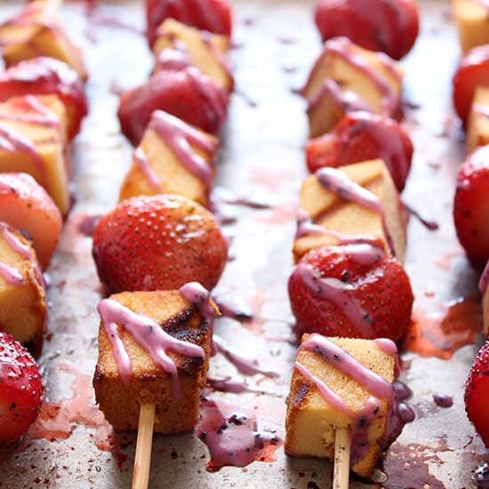 Grilled Strawberry Shortcake Skewers with Blueberry Glaze Recipe