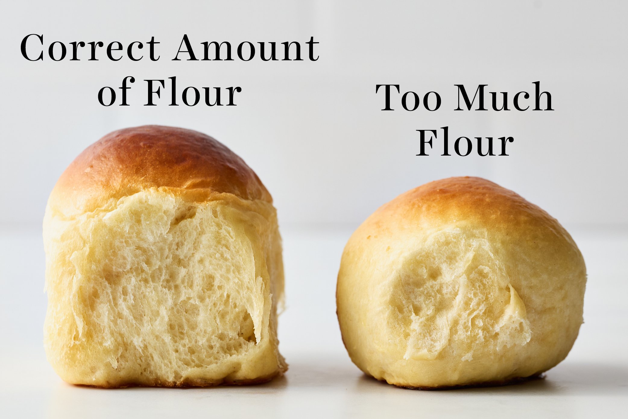 comparison of bread rolls with the correct amount of flour vs. too much flour