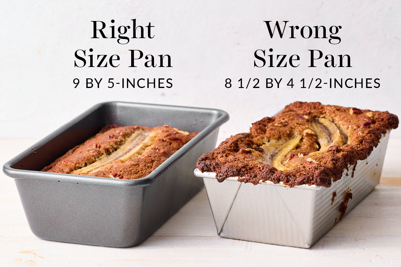 comparison of what happens if you use the wrong vs right size loaf pan for banana bread