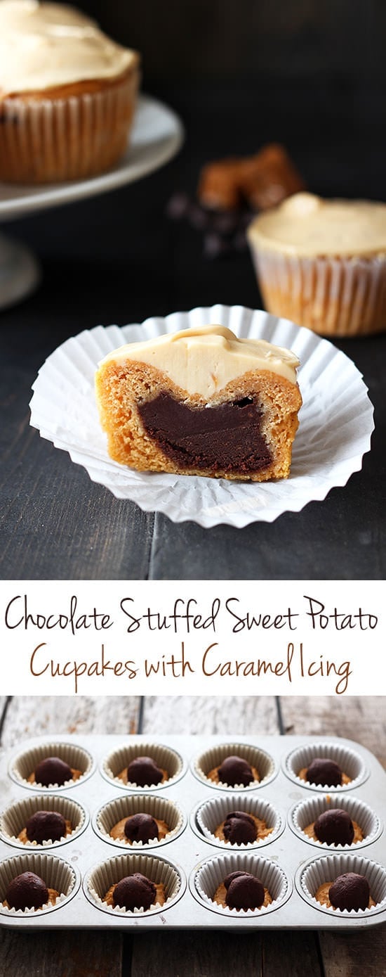 Chocolate Stuffed Sweet Potato Cupcakes with Caramel Icing - to die for!! Must make!
