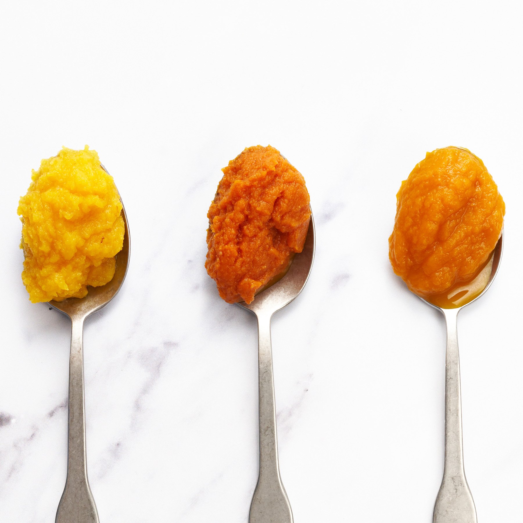 spoonfuls of homemade pumpkin puree, regular Libby's canned pumpkin puree, and organic canned pumpkin puree