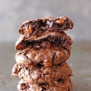 Chocolate Turtle Cookies - ultra ooey, gooey, crunchy, sticky deliciousness! Plus, no flour!