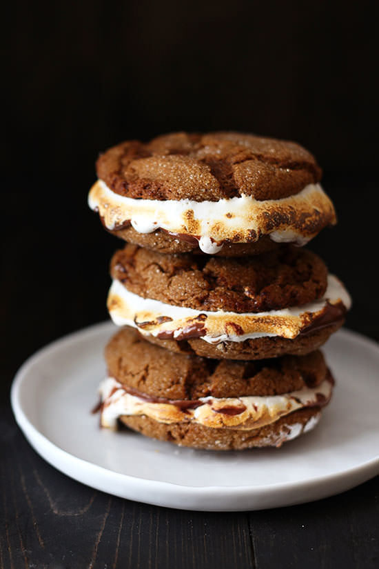 Gingersnap S'mores sandwiches - chewy gingersnap cookies sandwiching toasted marshmallow and chocolate! 