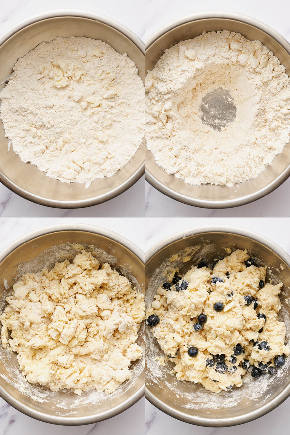 four bowls: one with flour mixture with the butter cut in, then with a well in the center ready for the liquid, then the mixed dough, and finally the blueberries are added