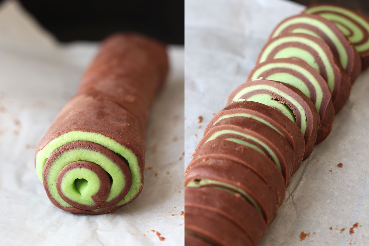side-by-side images showing these pinwheel cookies being rolled up and sliced, before baking.