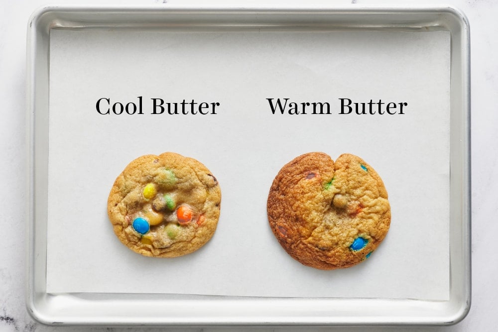 comparison of m&m cookies made with room temperature butter vs too warm of butter