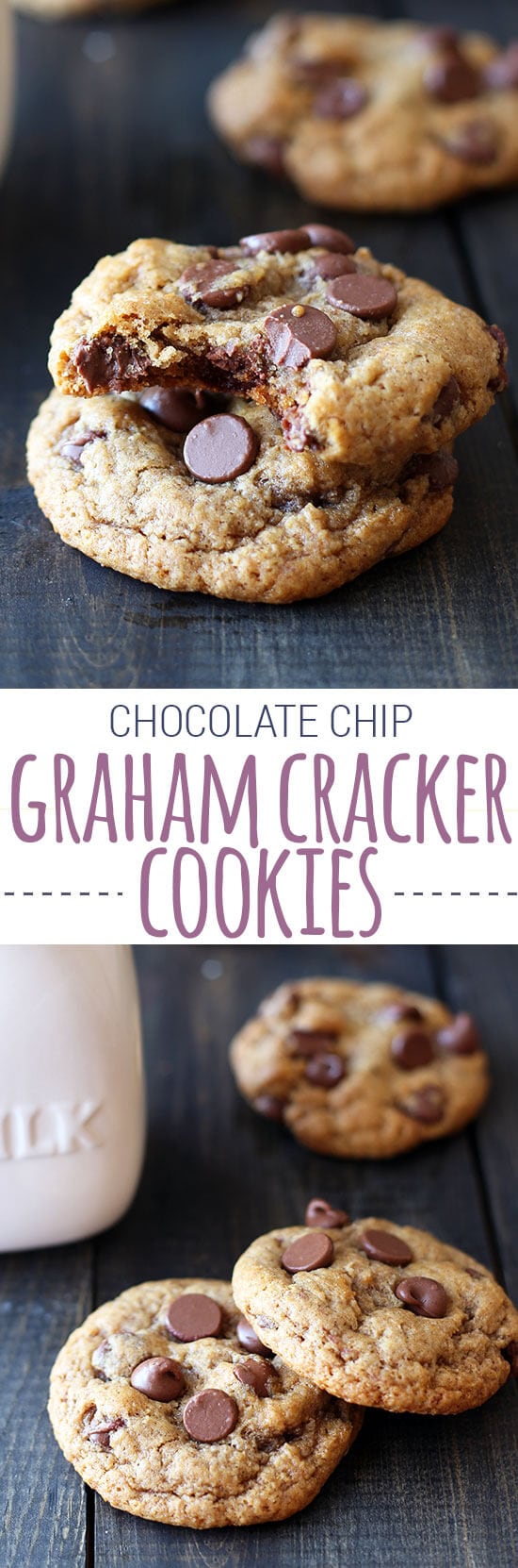Ultra CHEWY and soft! Homemade graham cracker cookie loaded with milk chocolate chips. Perfect base for roasted marshmallows!