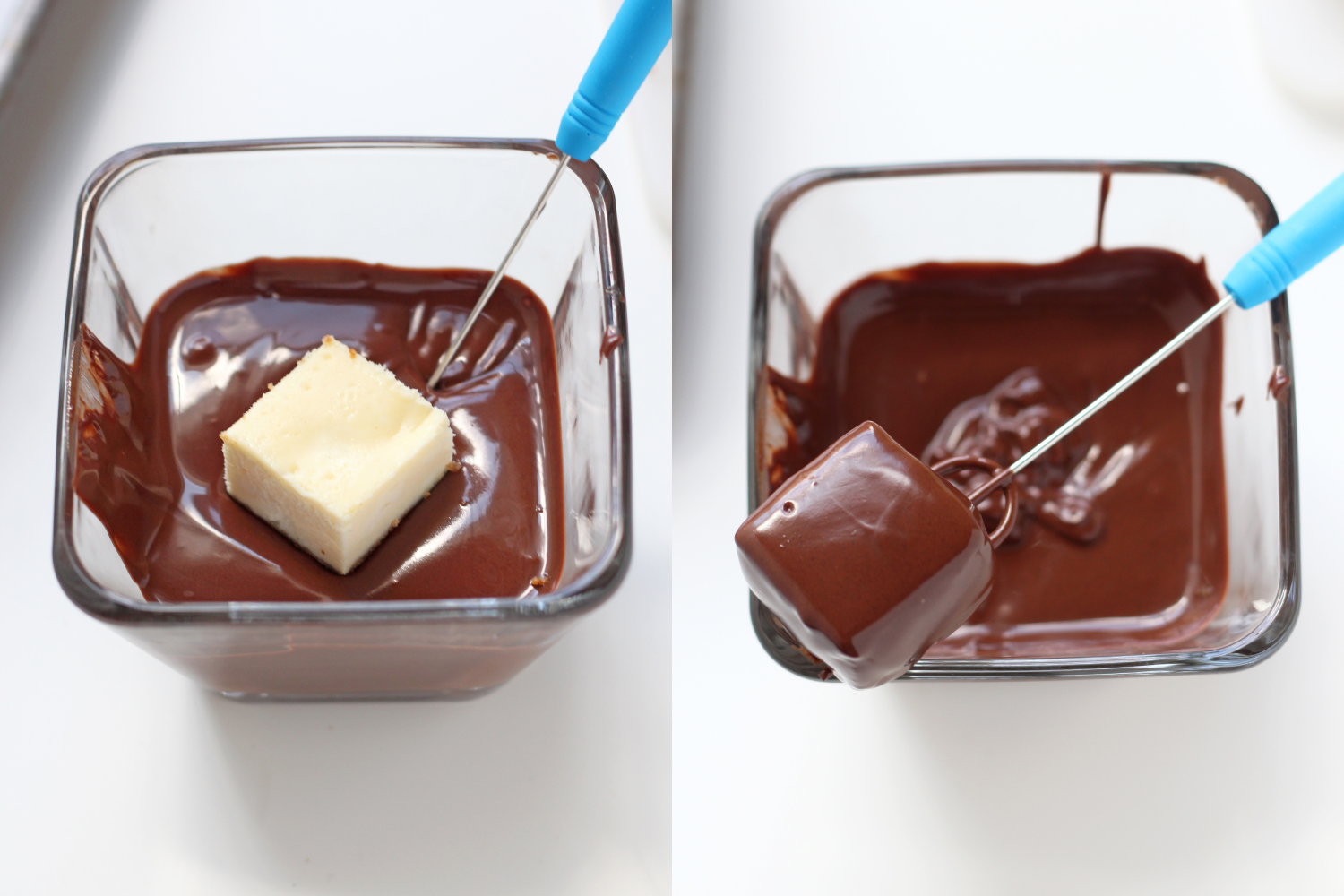 a cup of melted chocolate with a cheesecake bite being dipped into the chocolate.