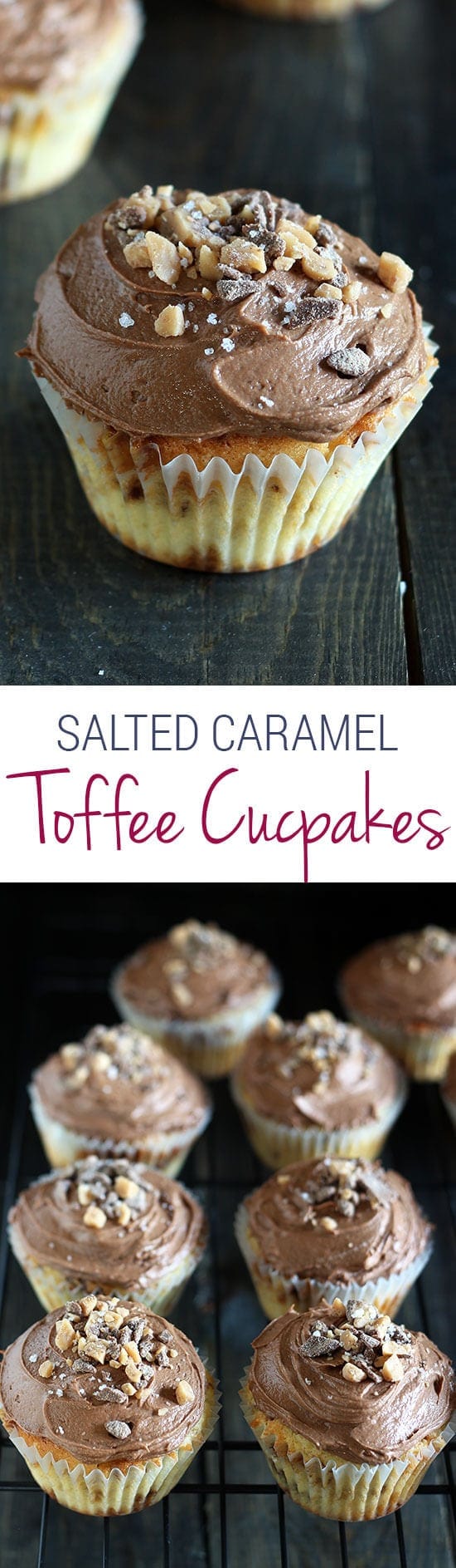 Does life get better than this?! Salted Caramel Toffee Cupcakes are the perfect salty sweet treat! Salted Caramel Toffee Cupcakes are the ultimate salty sweet treat! Vanilla cupcake loaded with toffee bits with a homemade chocolate caramel frosting. YES!