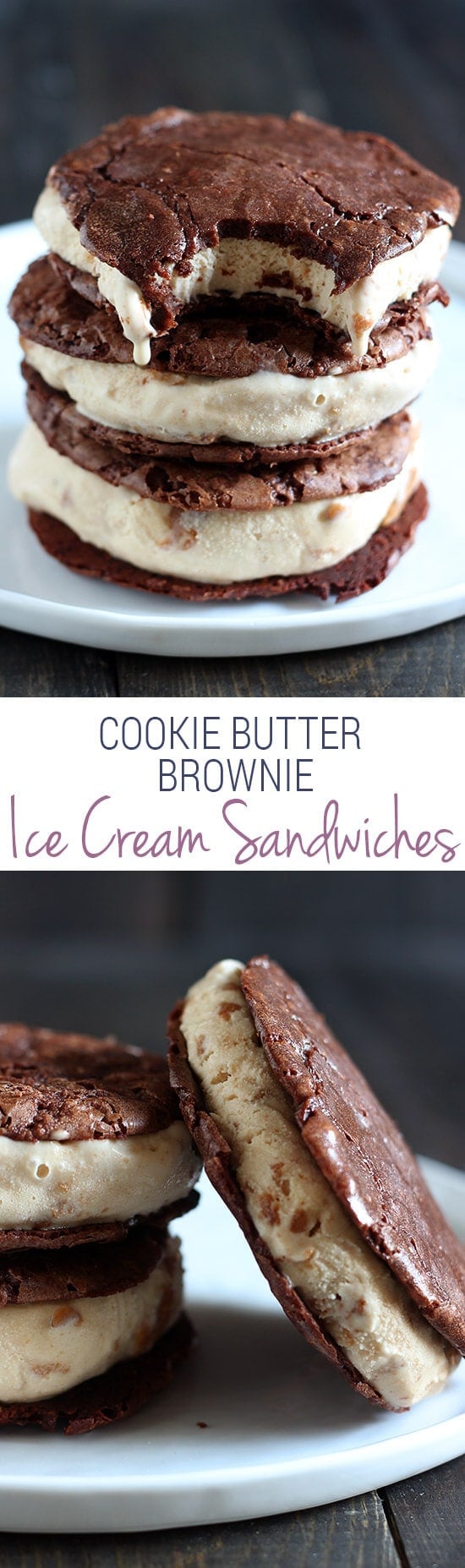 SO RIDICULOUSLY GOOD. Cookie Butter Brownie Ice Cream Sandwiches have thin yet ultra chocolaty and chewy brownie cookies sandwiching a layer of homemade cookie butter ice cream! A recipe to keep.