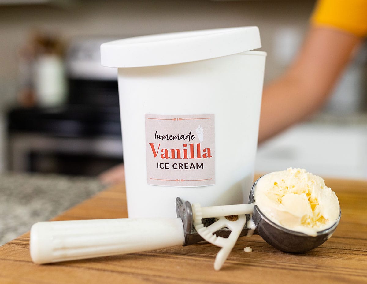 Pint container of DIY vanilla ice cream made without an ice cream maker