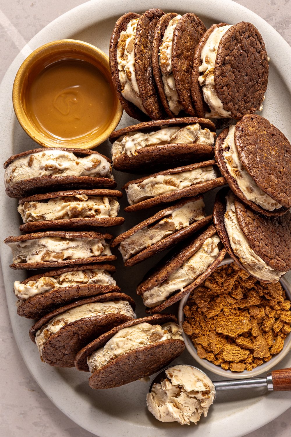 cookie butter ice cream sandwiches on a platter