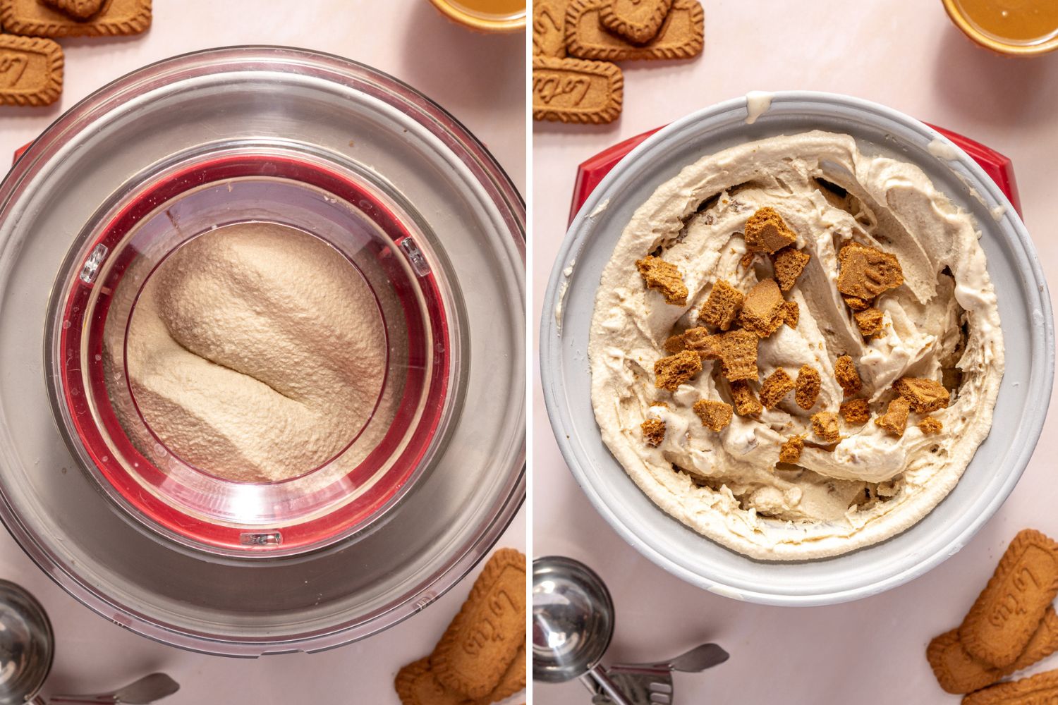 biscoff ice cream before and after churning in ice cream maker