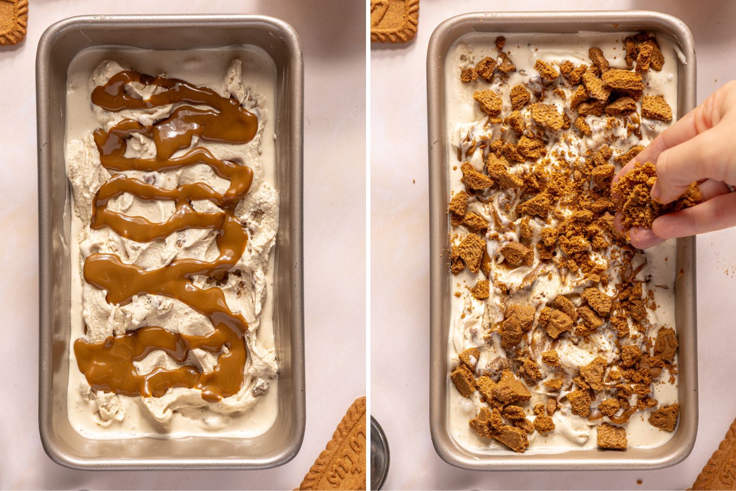 layering chunks of biscoff cookies and drizzles of cookie butter into churned ice cream